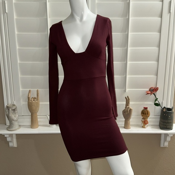 NAKED WARDROBE Snatched Bustier Long Sleeve Rib Body-Con Dress Dark Wine - Picture 1 of 11